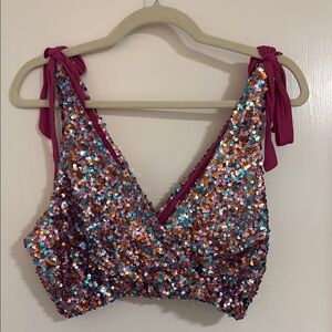 Free People Pink Sequin Mesh Top